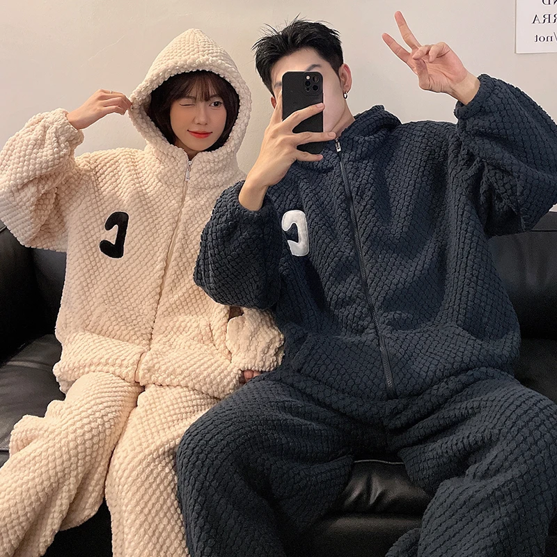 连帽情侣睡衣女新款珊瑚绒冬季睡衣男士加绒加厚保暖法兰绒家居服