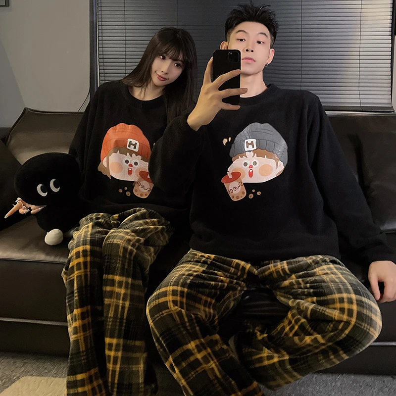 简约百搭情侣睡衣女珊瑚绒冬季睡衣男士加绒加厚保暖法兰绒家居服