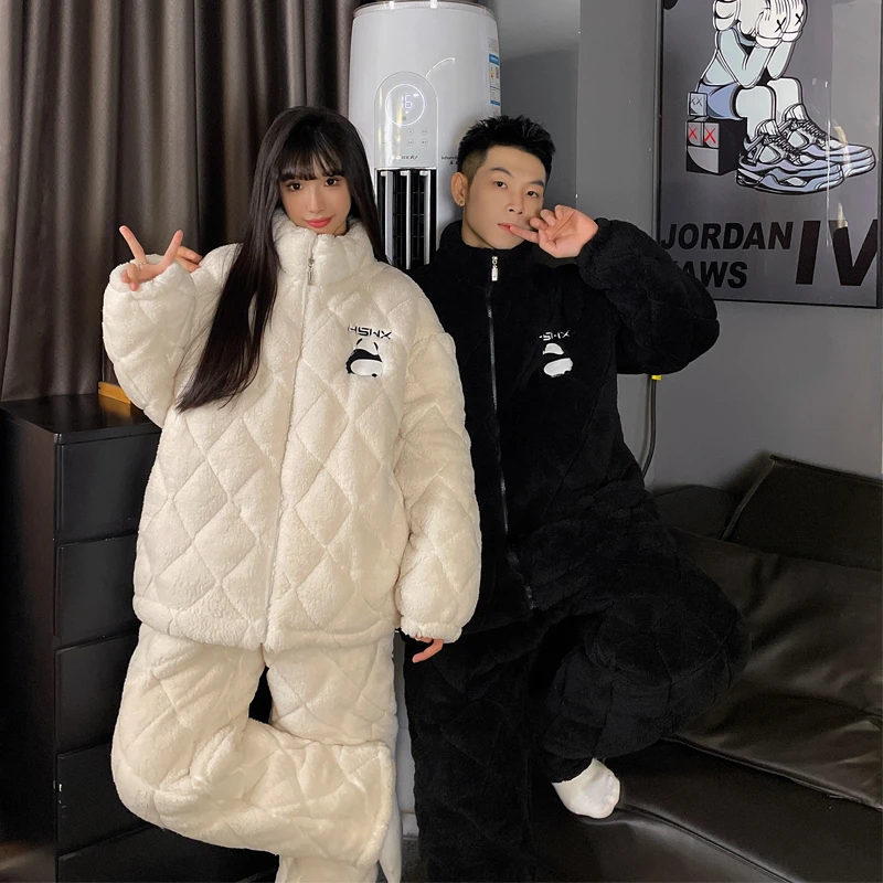 三层夹棉袄情侣睡衣女冬季款珊瑚绒加厚加绒男士睡衣法兰绒家居服