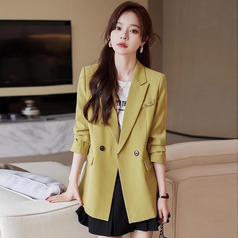 黄色小西装外套女秋季新款韩版宽松休闲上衣职业高端西服D901#