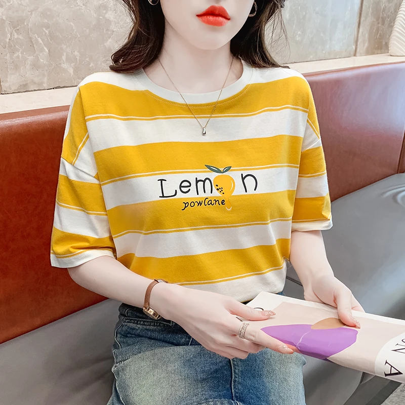 夏季短袖T恤少女2024年新品设计感ins风条纹宽松体恤韩版上衣圆领