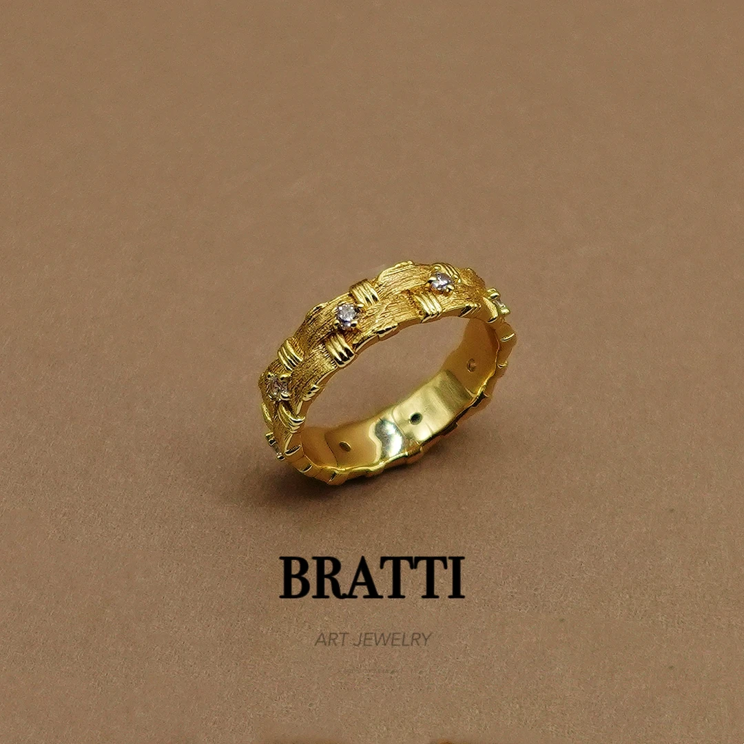 925银戒指 Bratti珠宝S925银拉丝格纹戒指18k平替-YJ0406