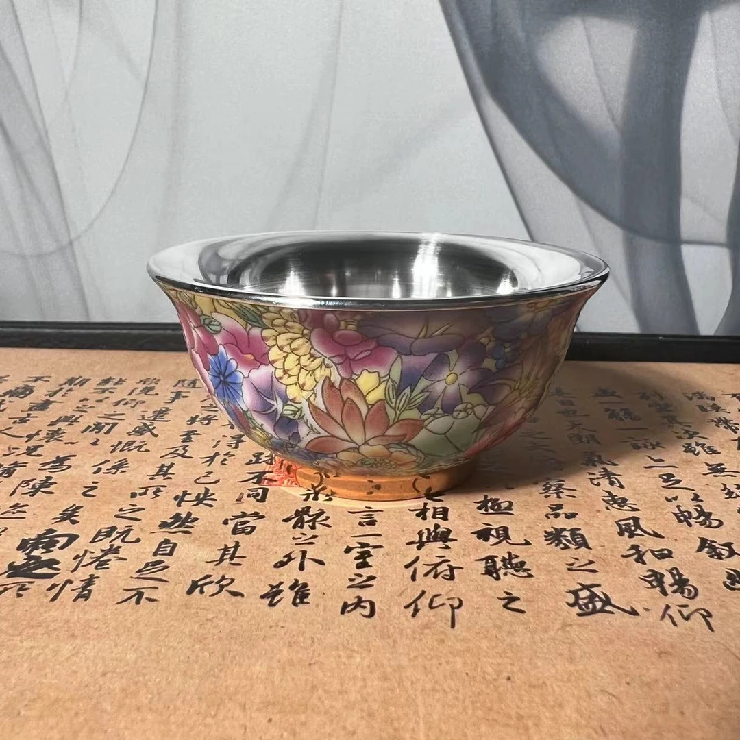 银歌工坊 百花争艳999足银手工包银内胆品茗杯景德镇陶瓷银茶杯