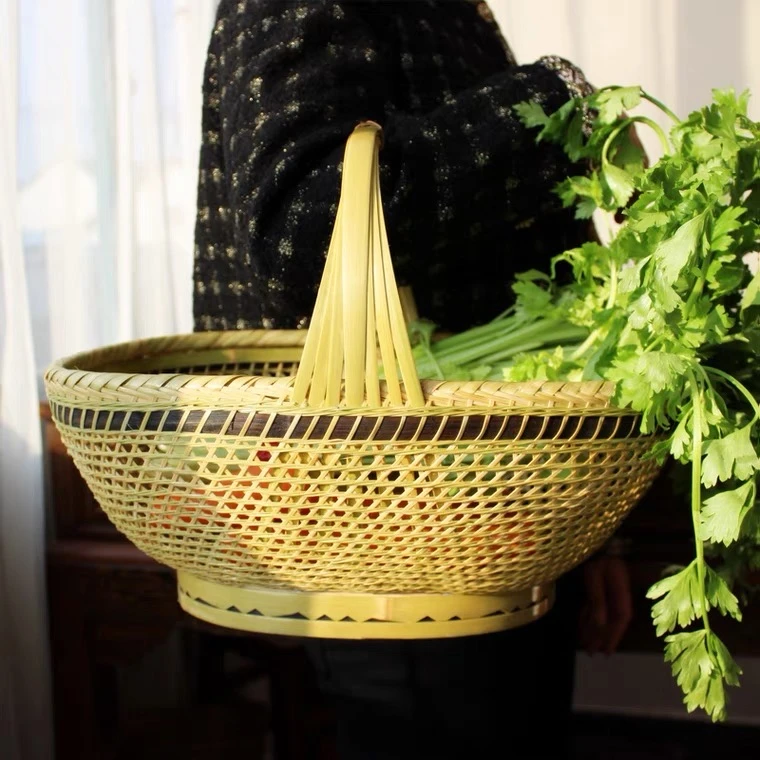 竹编菜篮果篮带提手镂空果盘果篮提篮复古买菜篮子精编手提篮子