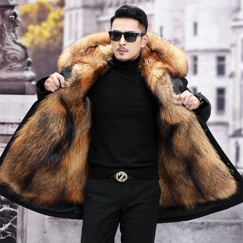 冬季派克服男新款中长款可拆卸内胆皮毛一体加厚保暖中老年外套棉