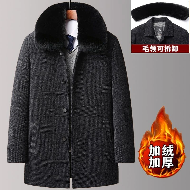 男士冬季高档毛呢外套爸爸装大衣男款冬中老年人加绒加厚保暖棉袄