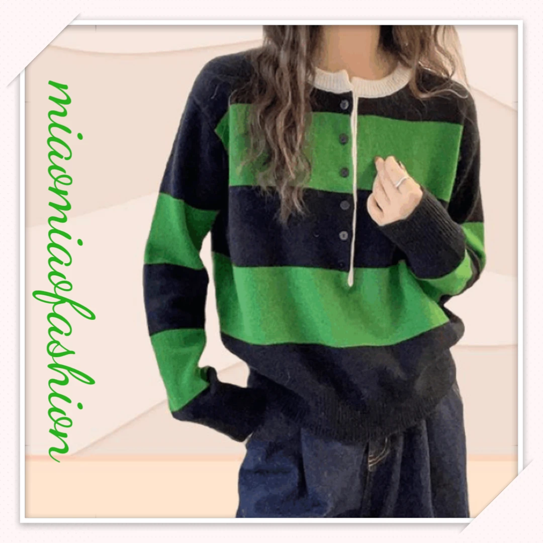 【MiO】米奥冬季新款圆领撞色条纹小众高级宽松百搭设计感针织衫