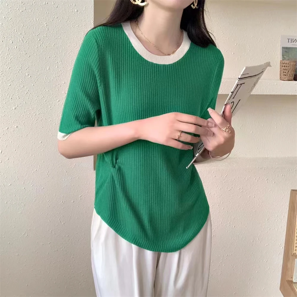 【MIO】米奥春秋新款时尚拼色五分袖针织简约时尚休闲风针织毛衣