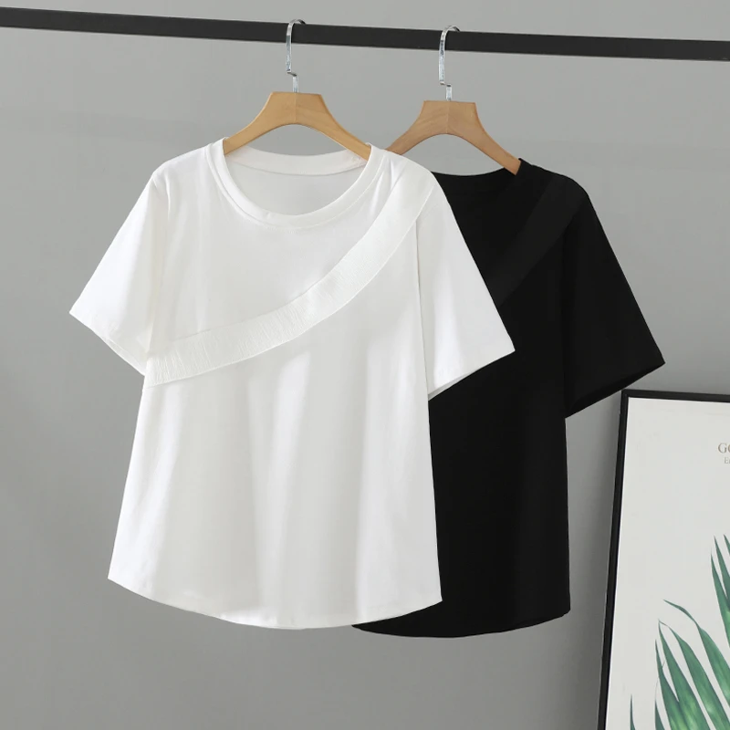 胖mm2024女装夏装大码显瘦藏肉荷叶边拼接短袖T恤盐系圆领女上衣