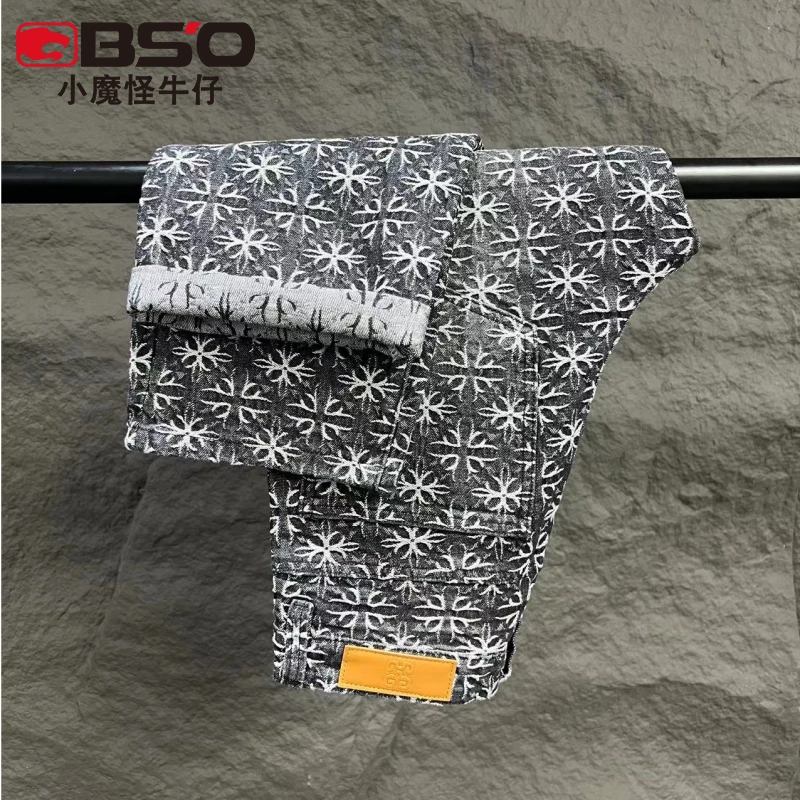 小魔怪2024秋冬新款美式高街提花牛仔裤男款宽松直筒黑色百搭长裤