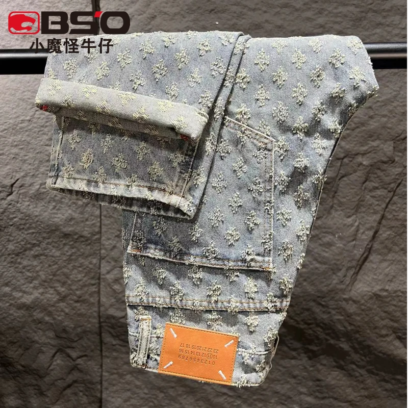 小魔怪2024秋季新款提花牛仔裤男美式潮牌宽松直筒男士百搭长裤子