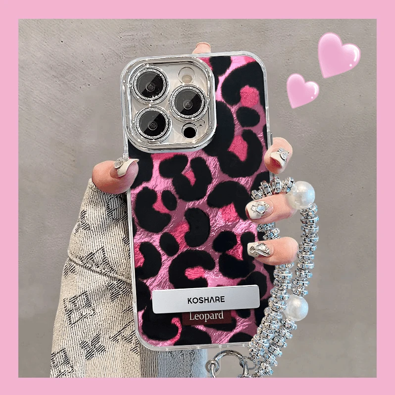 粉色豹纹适用苹果vivo华为oppo小米iPhone15精孔冰川纹手机壳