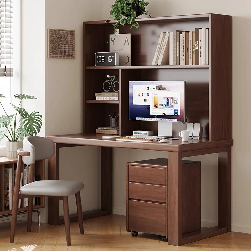 【新款】实木大板桌带书架一体家用电脑桌简约办公桌书柜组合学习桌