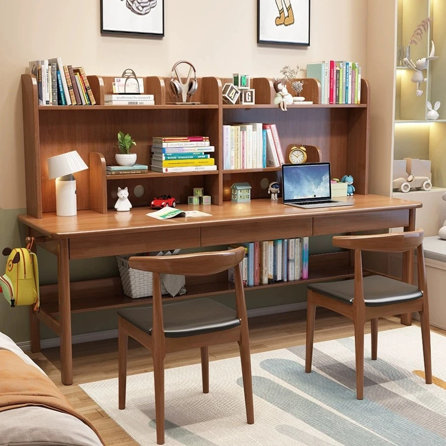 全实木加长款双人书桌书架一体桌儿童学习桌椅学习桌卧室加长书桌