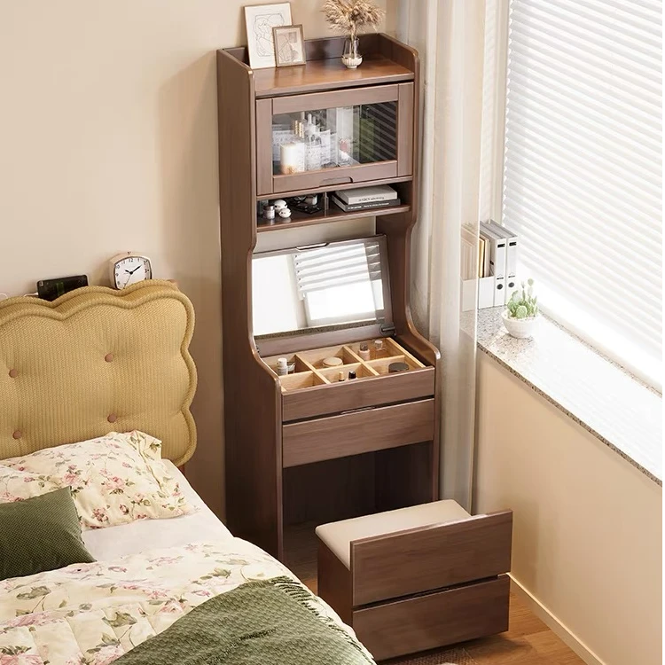 【妆台柜】纯实木多功能床头置物柜女生化妆台带镜收纳置物架一体