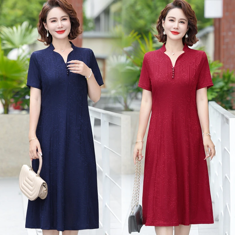 中年妈妈短袖连衣裙时尚2025夏装新款中老年女气质洋气中长款裙子