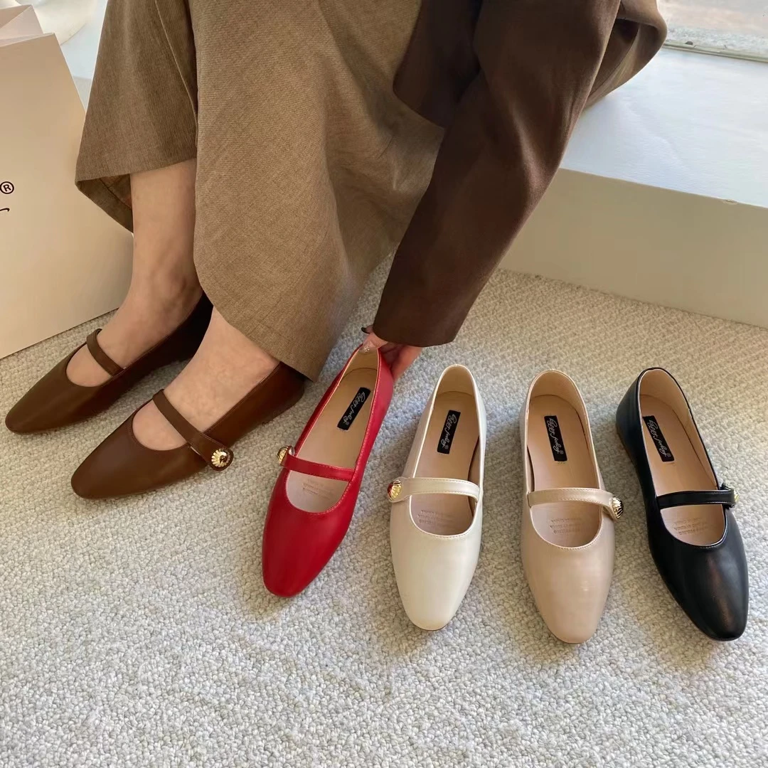 H1133-14气质软底低跟奶奶鞋时尚百搭法式一字扣带平底玛丽珍单鞋