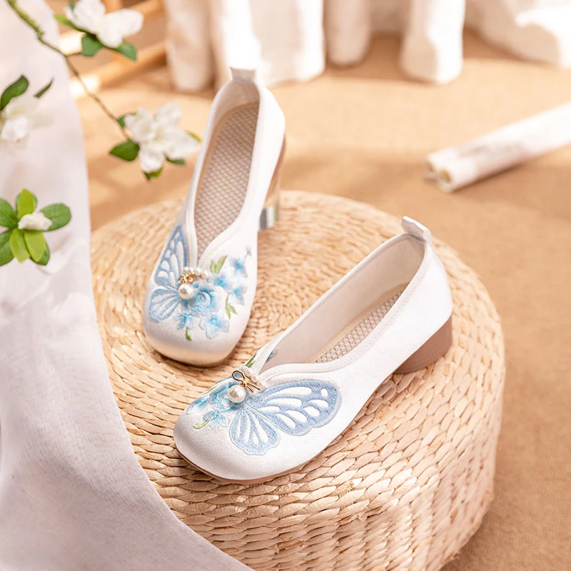 2023新款北京老布鞋女鞋民族风宽松粗跟一脚蹬妈妈绣花鞋增高单鞋