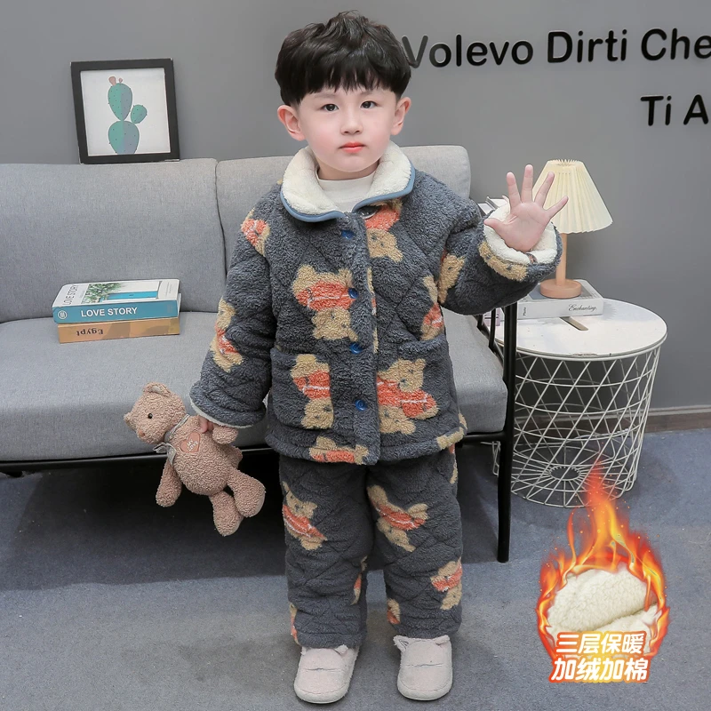 男童家居服套装冬季宝宝法兰绒加绒加厚冬装2024新款儿童保暖睡衣