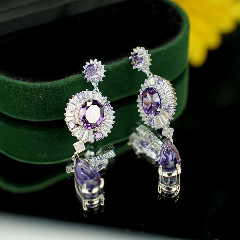 铜合金合成锆石耳饰 5571 重工夸张大气轻奢宴会礼服紫色水滴耳坠