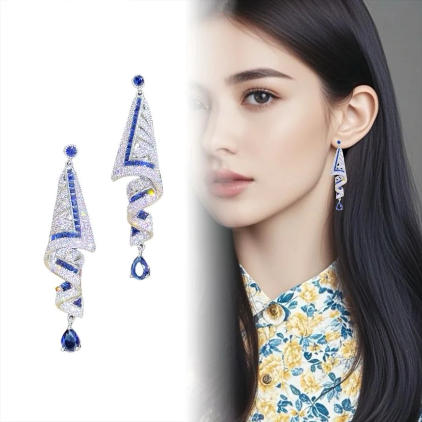 铜合金合成锆石耳饰 5726【蓝丝带】欧美外贸高订重工时尚气质耳环
