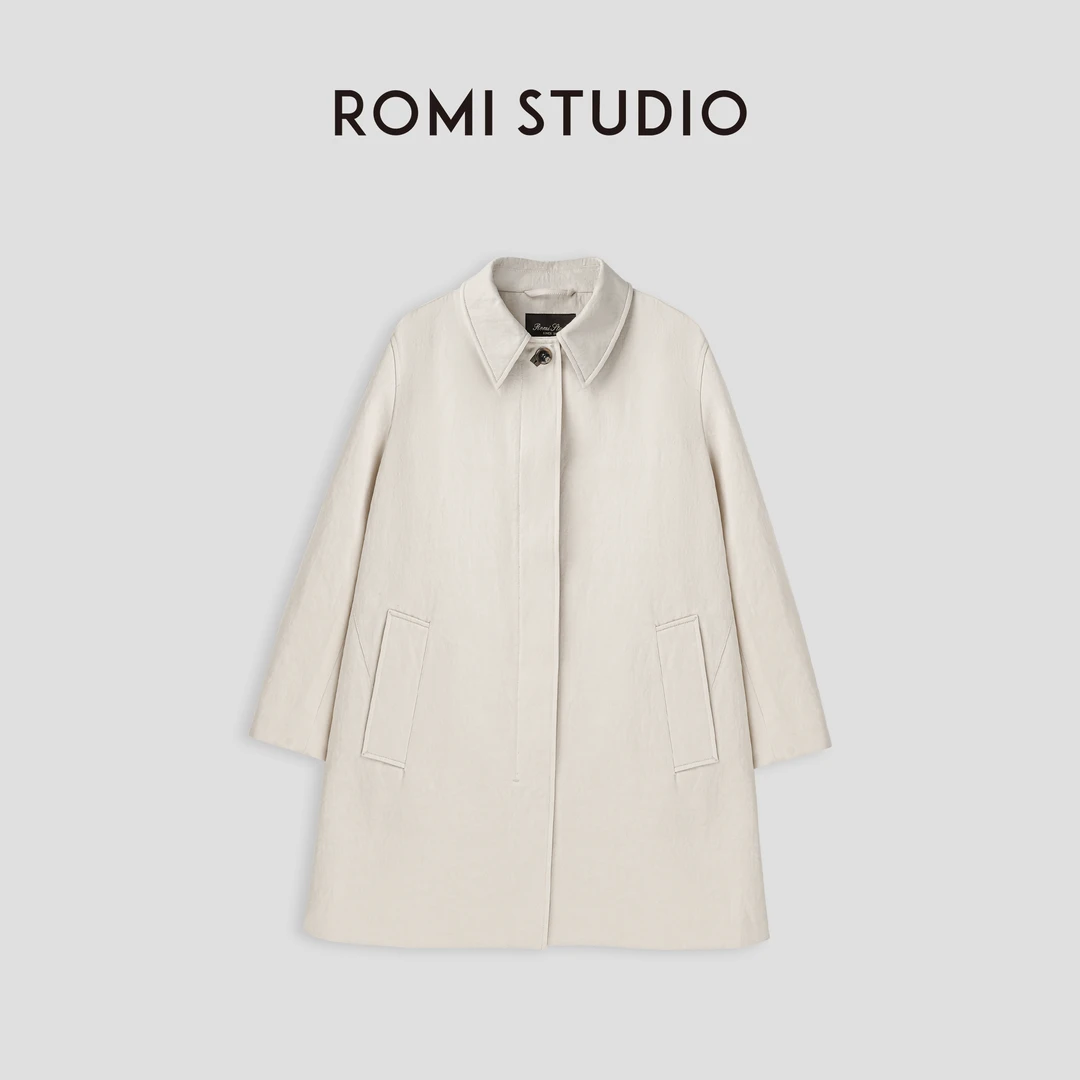 ROMI STUDIO“棕标系列” 棉麻宽松慵懒单排扣翻领风衣外套23AWW103