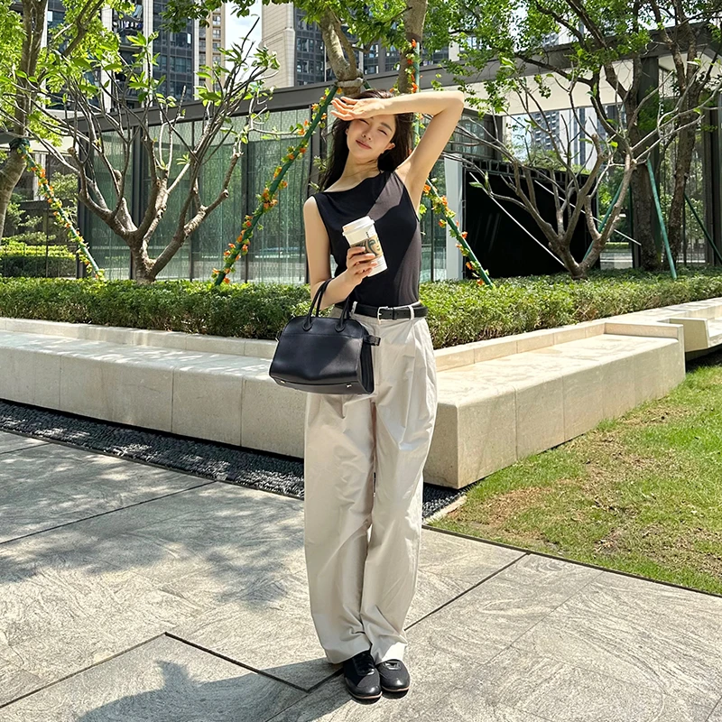 ROMI STUDIO百搭透气 舒适斜纹棉高腰直筒设宽松灰白西裤 K3247