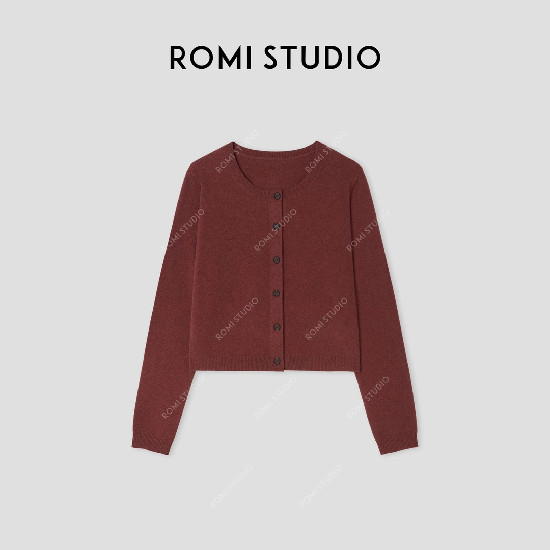 ROMI STUDIO“法式优雅”7S单边100羊毛软糯圆领针织开衫432C7038