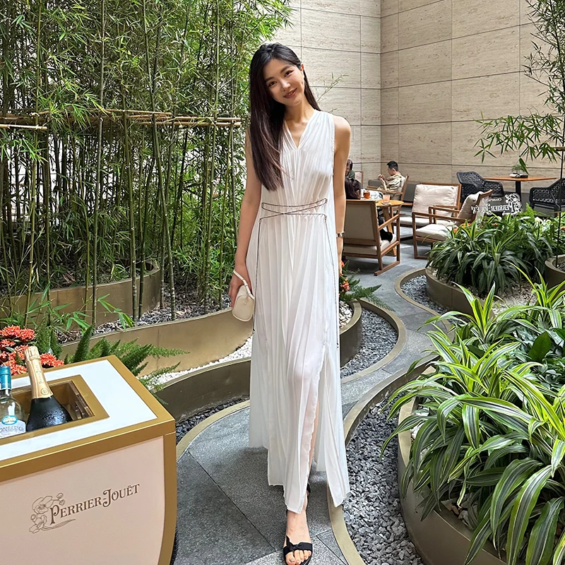 ROMI STUDIO【luxy系列】夏季新款纯色法式复古气质长款连衣裙D3229