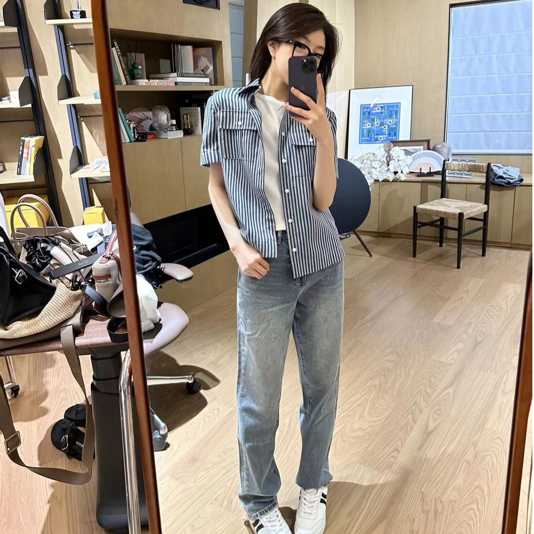 ROMI STUDIO“随手穿”系列复古休闲翻领经典条纹口袋短袖衬衣T3856