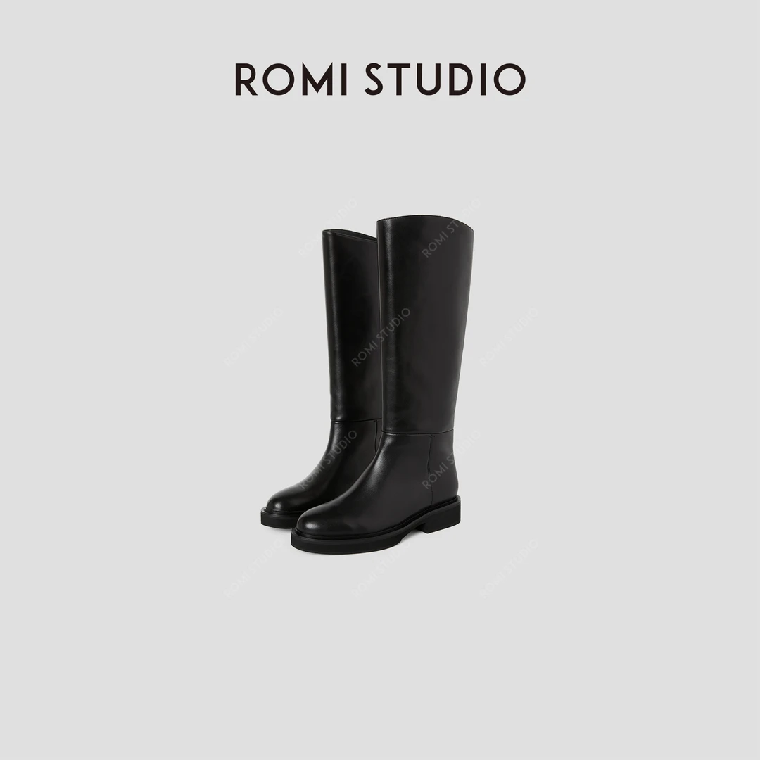 ROMI STUDIO“old money” 头层牛皮斜口不过膝粗跟长筒靴 23AWS019
