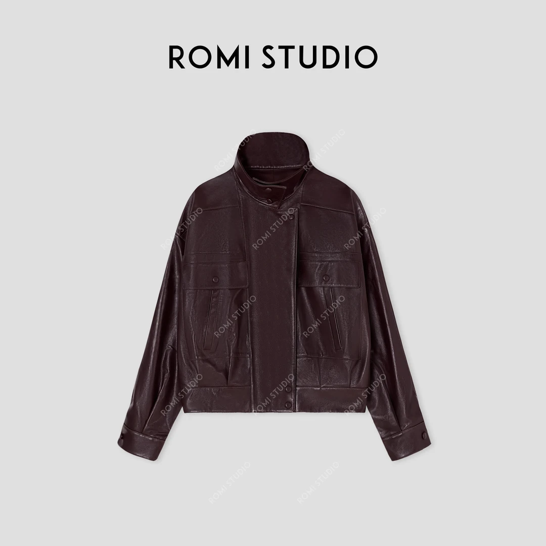 ROMI STUDIO“棕标甄选”西班牙进口硬蜡头层羊皮立领皮衣 431PS031
