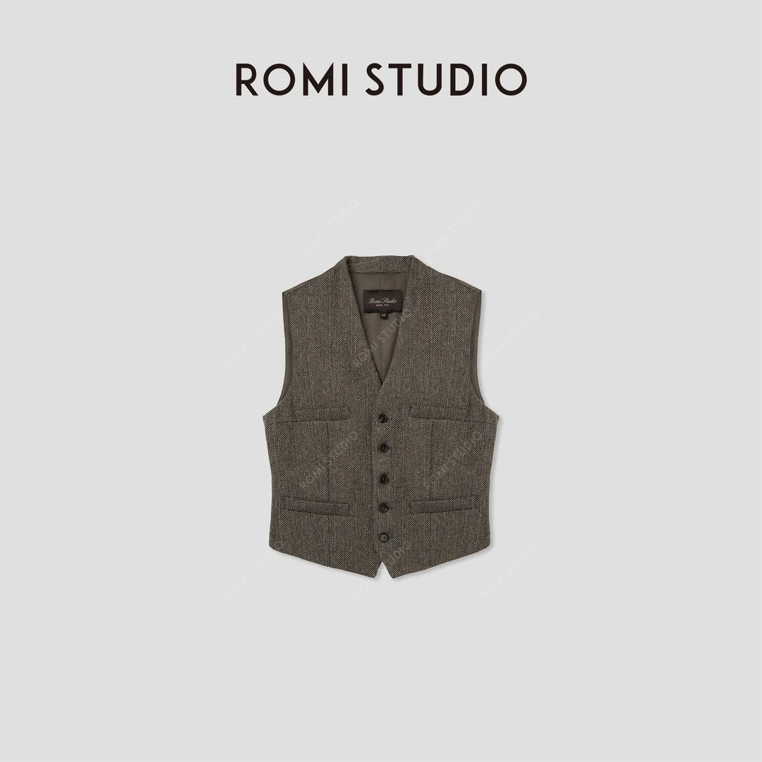 ROMI STUDIO“棕标系列”早秋羊毛混纺英伦复古人字纹时尚马甲W3287
