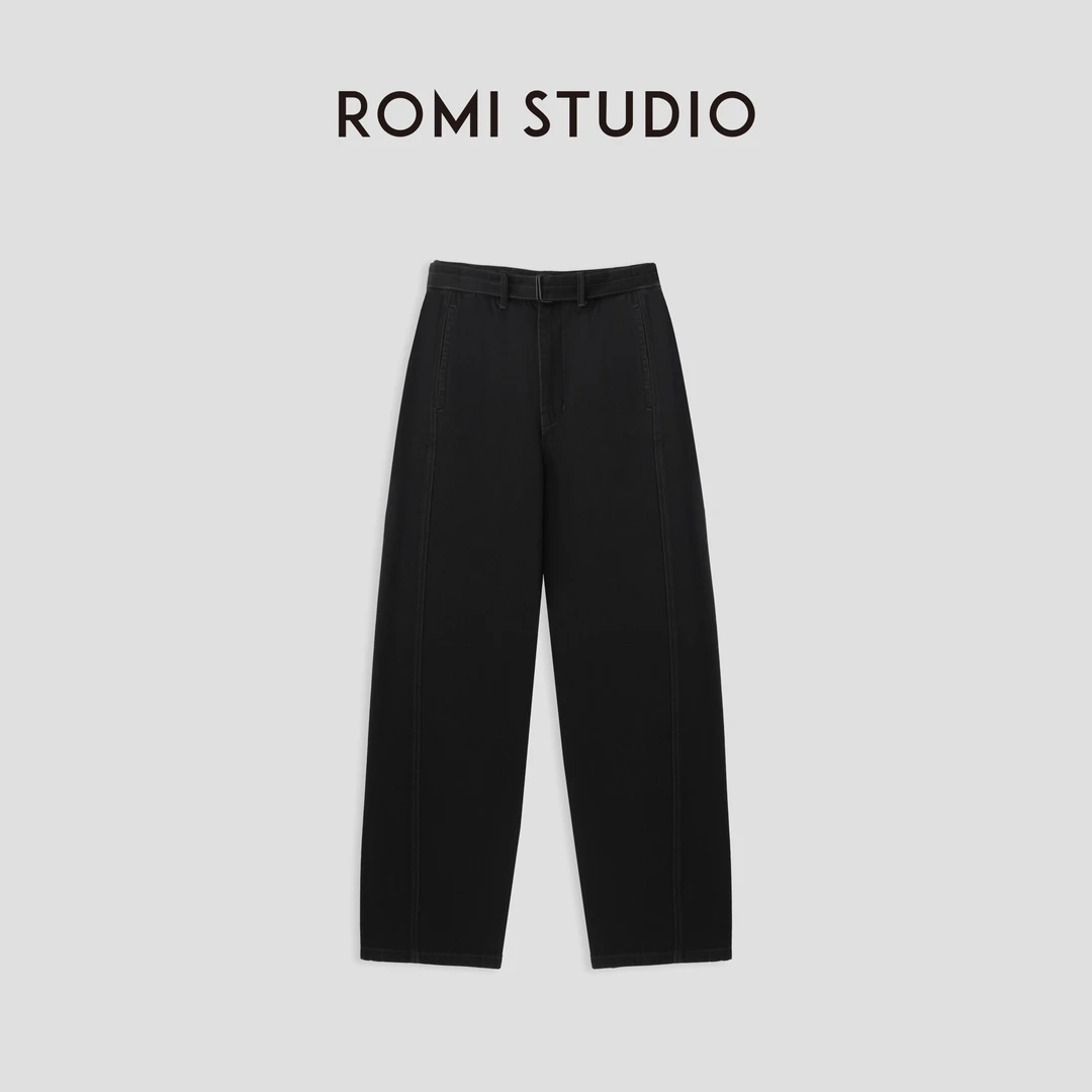 ROMI STUDIO“立体剪裁”简约高腰直筒带腰带黑色牛仔裤 23AWW175