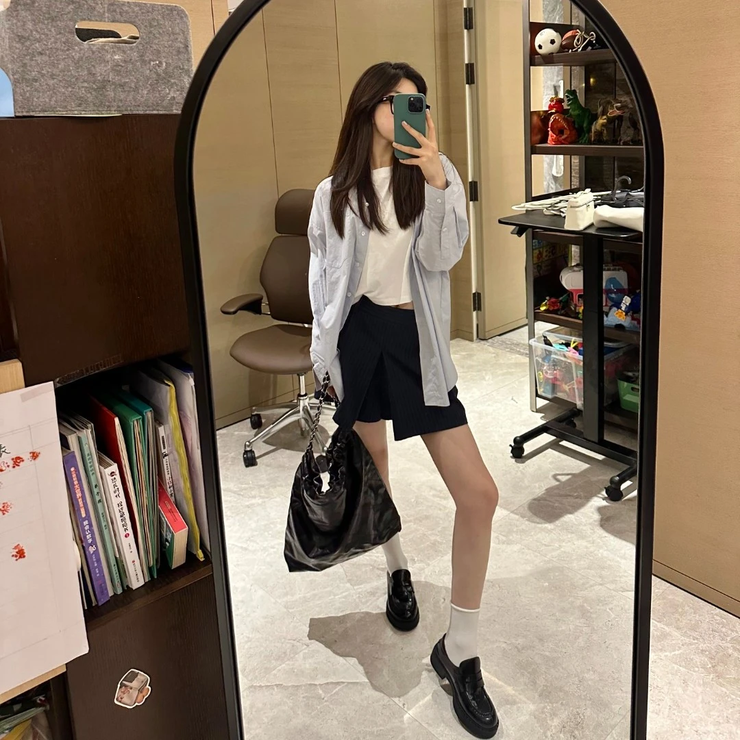 ROMI STUDIO【高品质】简约百搭轻奢A字藏蓝色条纹高腰裤裙K2631