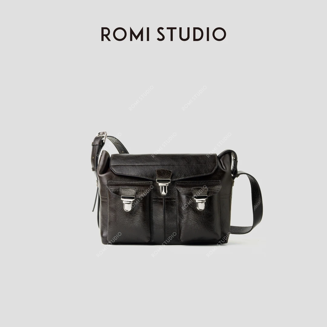 ROMI STUDIO “Gear bag” 植鞣树膏皮拼牛反绒单肩邮差包 24SSB163