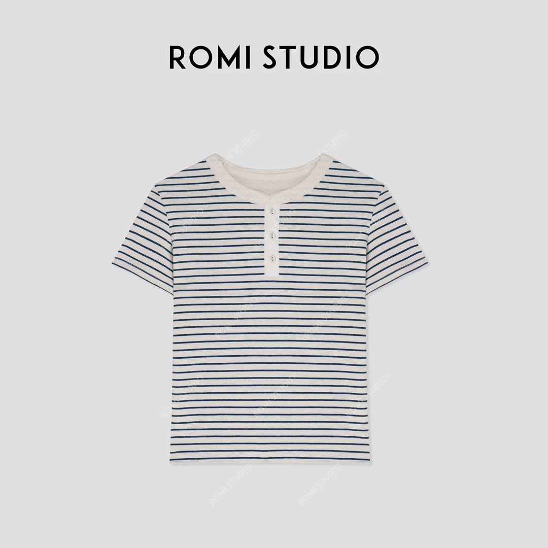 ROMI STUDIO“亨利经典”莱赛尔木棉混纺亨利领条纹短袖T恤421T6116