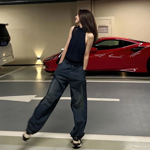 ROMI STUDIO“机场牛仔” 双面网纹牛仔棉宽松直筒牛仔裤421N2011