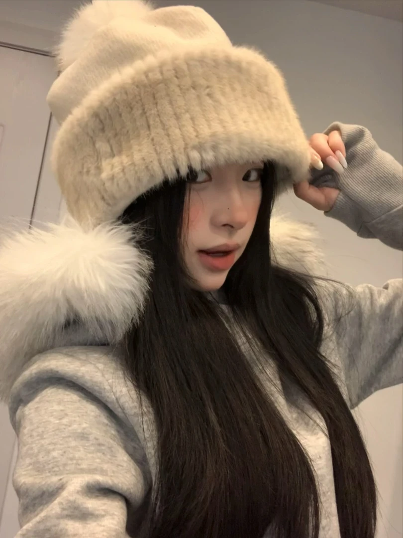 【虾滑小汁】毛绒加厚保暖可爱包头套头护耳帽毛茸茸针织帽子女冬季