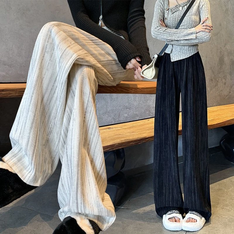 欧棉绒慵懒风裤子女2024秋冬复古宽松阔腿裤高腰显瘦垂感休闲长裤