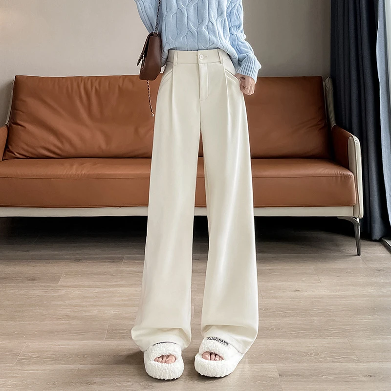 加厚毛呢裤女2024秋冬高腰宽松显瘦直筒西装裤子垂感阔腿休闲裤子