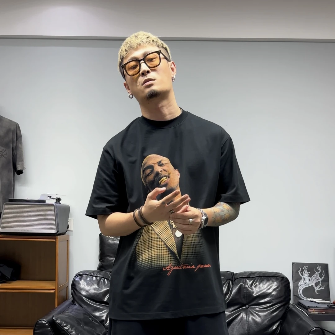 NHD 菲董潮流黑色复古印花宽松短袖男士潮流美式纯棉圆领t恤半袖