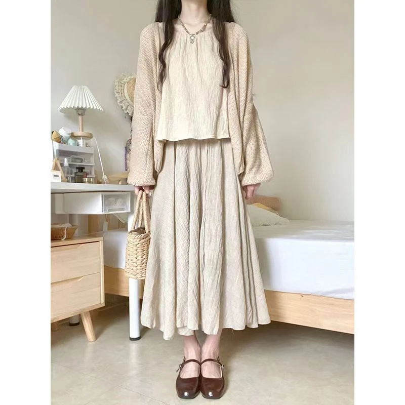 小个子韩系温柔风禅意三件套150cm早秋慵懒新中式穿搭棉麻套装xs