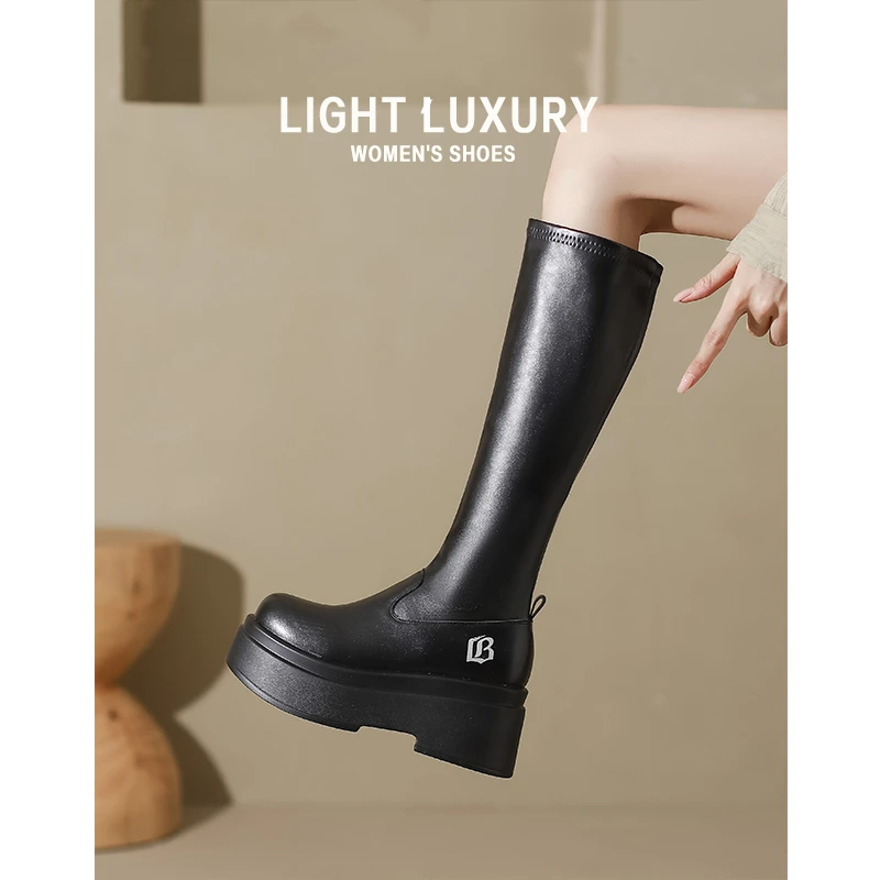弹力靴女厚底小个子高筒骑士靴显高显瘦增高长筒靴瘦瘦靴大码女靴