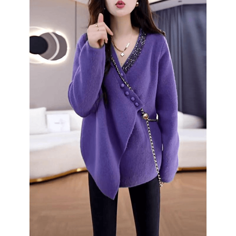 镶钻秋冬斜扣针织上衣显瘦中长款紫色毛衣女新款外套蝙蝠型不规则