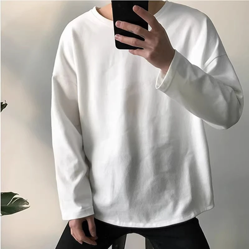 纯色长袖t恤男生潮牌秋款韩版宽松百搭潮流ins情侣款打底衫上衣服