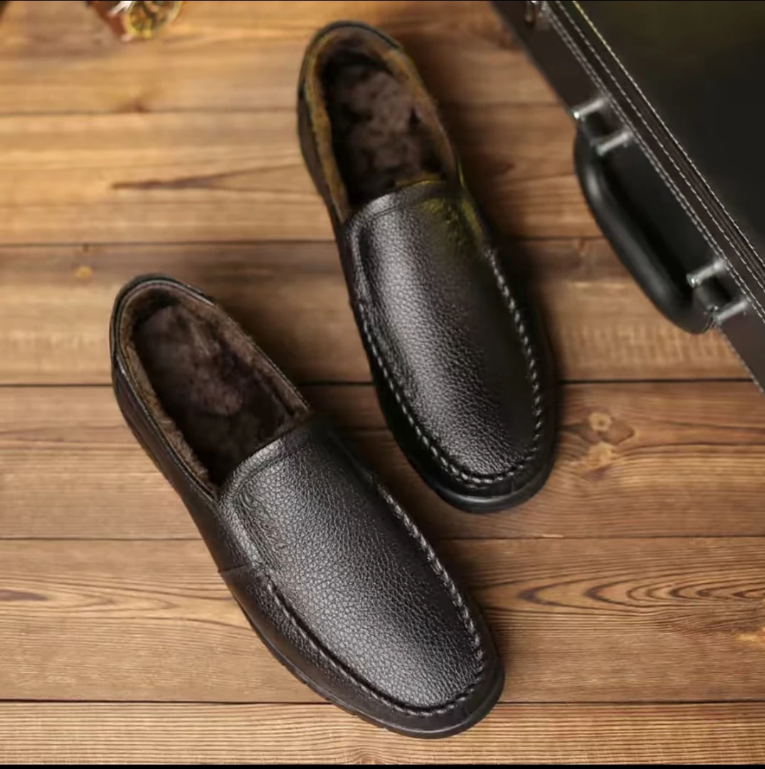 男士真皮，冬季保暖一脚蹬休闲加绒爸爸皮鞋，二棉款69