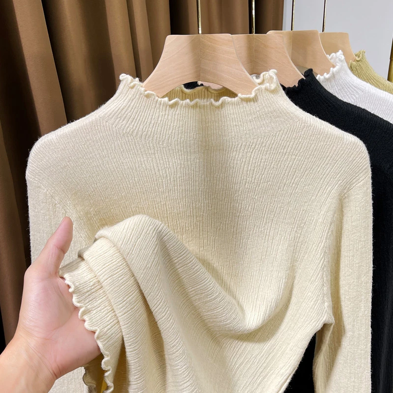 木耳领时尚加绒打底衫女秋冬百搭新款洋气针织半高领内搭小衫长袖