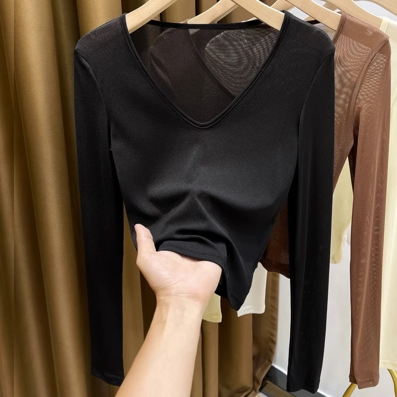 透视黑色短款纱衣女秋冬2023新款V领网纱打底衫内搭长袖蕾丝上衣