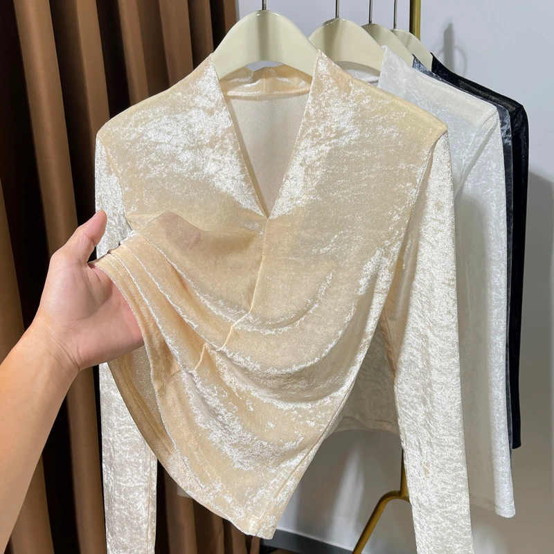 设计感V领内搭打底衫女薄款秋冬2024新款高级感钻石毛长袖T恤上衣